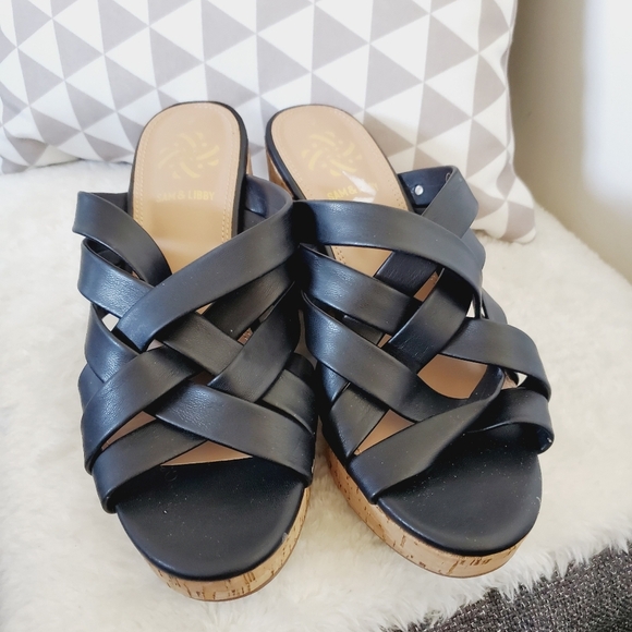 NWT Nordstrom Sam & Libby Black Leather Strappy Wedge Boho Beach Sandals 7 - Picture 3 of 5
